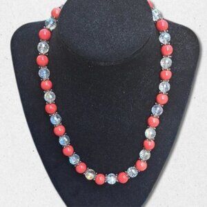 Glass Faceted Beaded Necklace Silver Tone Accent Toggle Clasp Red/Clear Women's